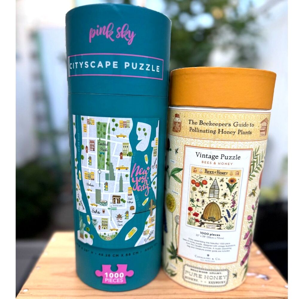 2 1,000 Piece Puzzle Bundle Cavallini & Co Bees & Honey Pink Sky NYC Cityscape